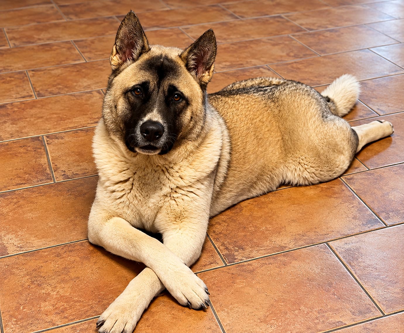 Kyra, notre femelle Akita Américaine, couchée pattes croisées